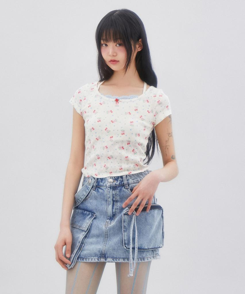 LALAFOX Cherry Pattern Lace T-Shirt Lace Short Sleeve T-Shirt Ivory Br2Ch033