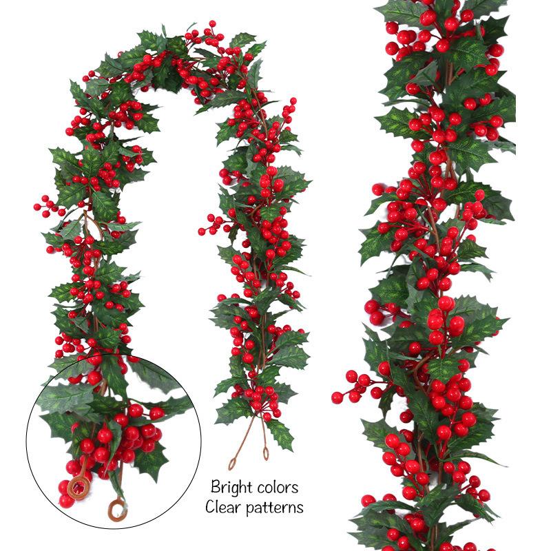 Имитация рождественского цветка из ротанга, настенное украшение для дома, падуб, фрукты, красные ягоды, рождественское украшение, имитация рождественского ротанга