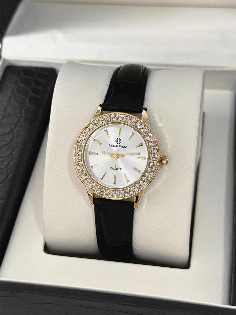 Pablo Raez Women's Quartz Rhinestone Watch with Leather Strap - Trendy & Versatile Gift