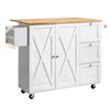 VEVOR Kitchen Island Cart with Solid Wood Top, 115 cm Width Mobile Carts with Storage Cabinet, Rolling Kitchen Table with Spice Rack, Towel Rack