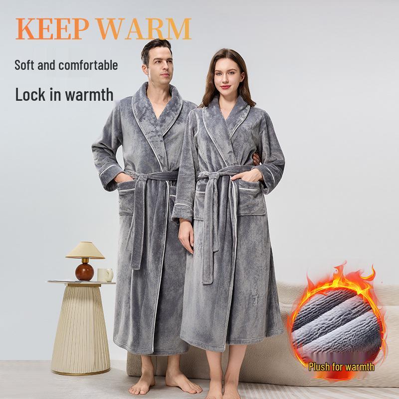 Унисекс фланелевый халат: На флисовой подкладке, Утолщенный, Большого размера, Осень/Зима