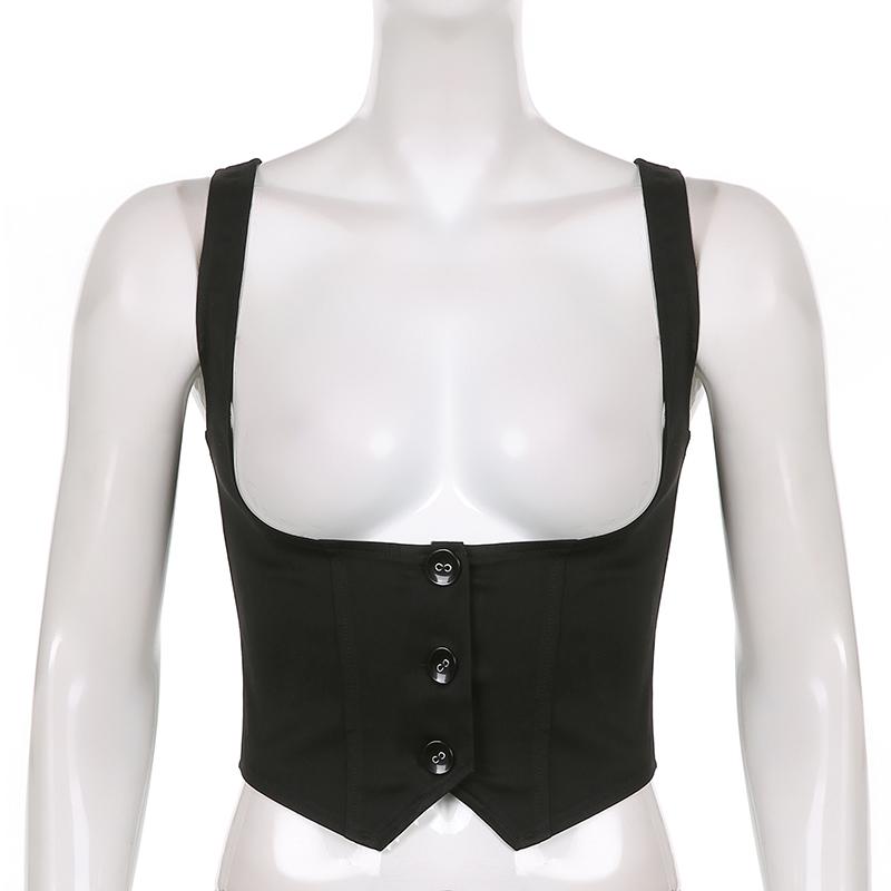 2KWEIRD Black Button Up Corset Top Women Fashion Sleeveless Skinny Tank Tops Vintage Y2k Streetwear Tees Harajuku 90s Girdle Vest