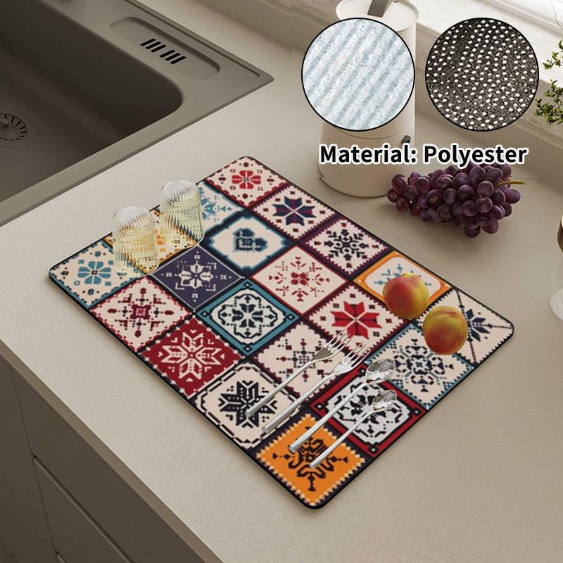 Kitchen Dish Mat Absorbent Dining Table Mats Retro Non-Slip Drain Pad Draining Placemat Coffee Dish Tableware Mat For Home Decor