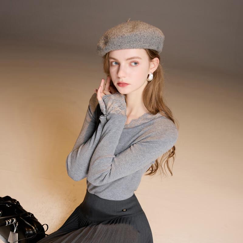 Sancai 2025 Зимний облегающий вязаный топ с кружевом, V-образным вырезом и длинными рукавами