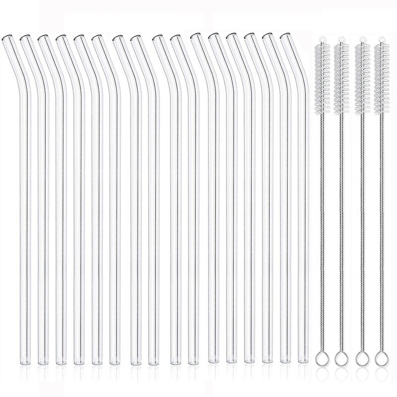 16 шт. Стеклянные соломинки Многоразовые соломинки для питья 8 дюймов Набор изогнутых прямых соломинок Прозрачные стеклянные трубочки для смузи коктейля кофе со льдом
