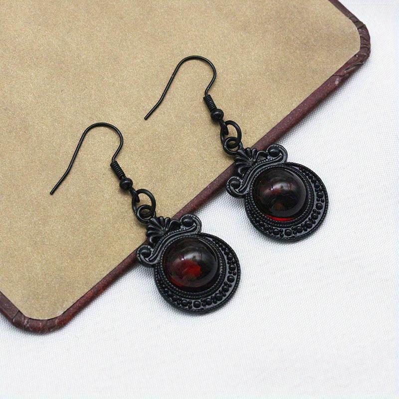 Round Ruby Decor Black Dangle Earrings Retro Goth Style Alloy Jewelry Creative Female Gift Daily Casual
