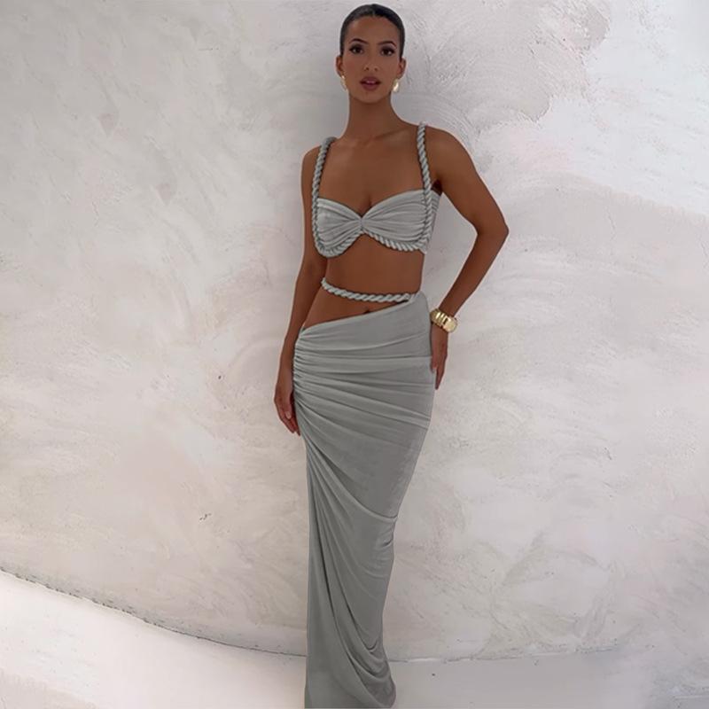 Весна Новый Сексуальный Однотонный Открытая Спина Маленький Топ на Бретелях Юбка по Бедрам Костюм