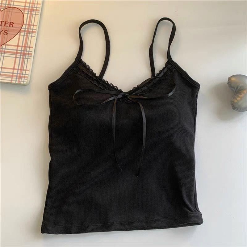 Элегантный майка-топ с кружевной отделкой и вставными чашечками: С открытой спиной, с бантом, для женщин