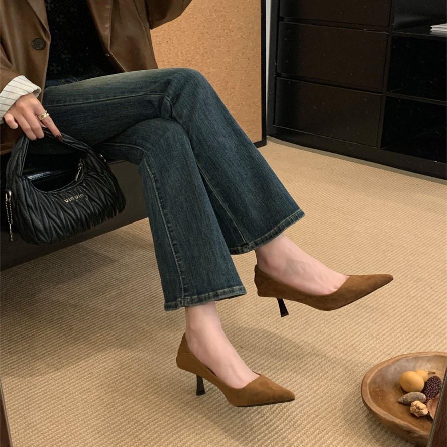 Women's Temperament Suede Pointed High Heels 2025 New Korean Version French Fairy Gentle Evening Wind Light Mouth Single Shoes
