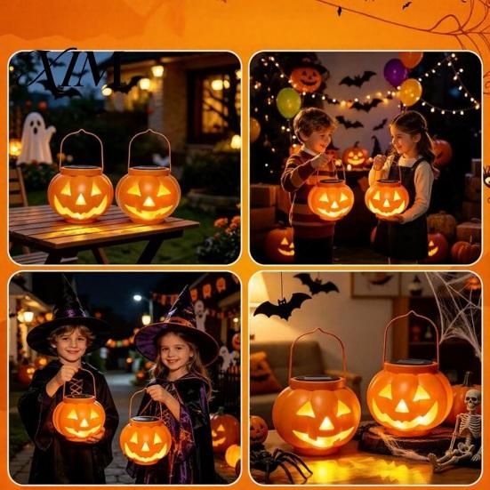Weatherproof Solar Powered Lanterns Halloween Pumpkin Lantern, Waterproof Outdoor Hanging Light, Orange Compact Lights for Walkways Spooky Face