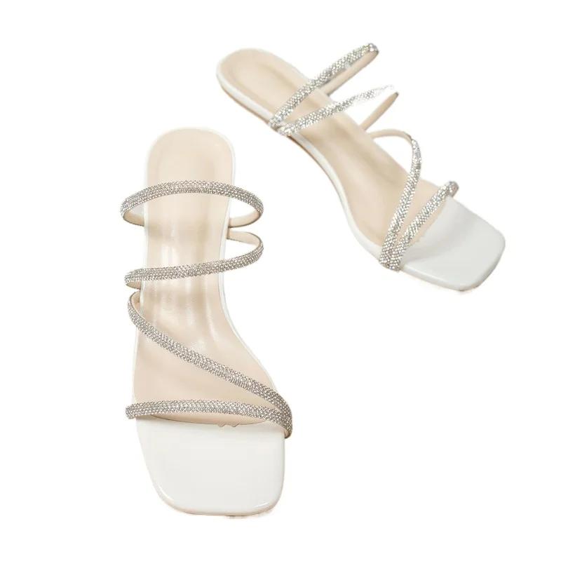 Женская обувь, горячая распродажа, женские туфли с открытым носком на высоком каблуке, модные повседневные тапочки с кристаллами, женские летние туфли больших размеров на однотонном каблуке для женщин