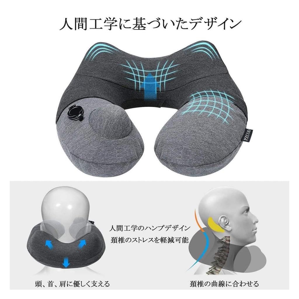 Portable U-shaped air pillow for airplanes, inflatable neck pillow with storage bag, perfect for home, bus, or office use.