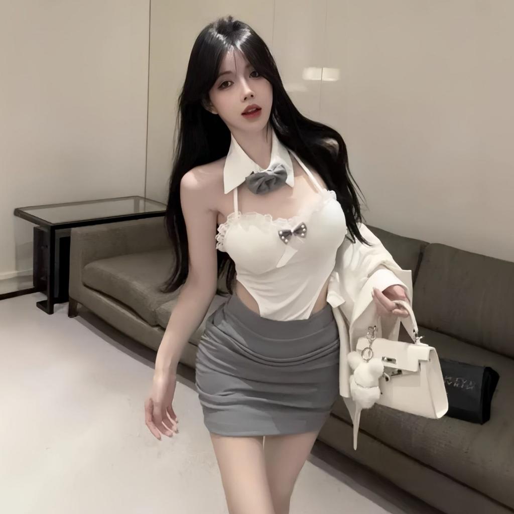 Pure lust lingerie Spice Girls bow splicing lace neck lapel hollow sexy halter suit