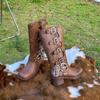 Fashion Western - Punk Brown Knee - High Boots | Metal - Buckle Block Heel Vintage Rider Boots