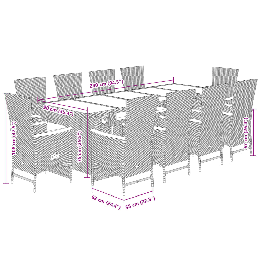 11 Piece Garden Dining Set with Cushions Gray Poly Rattan