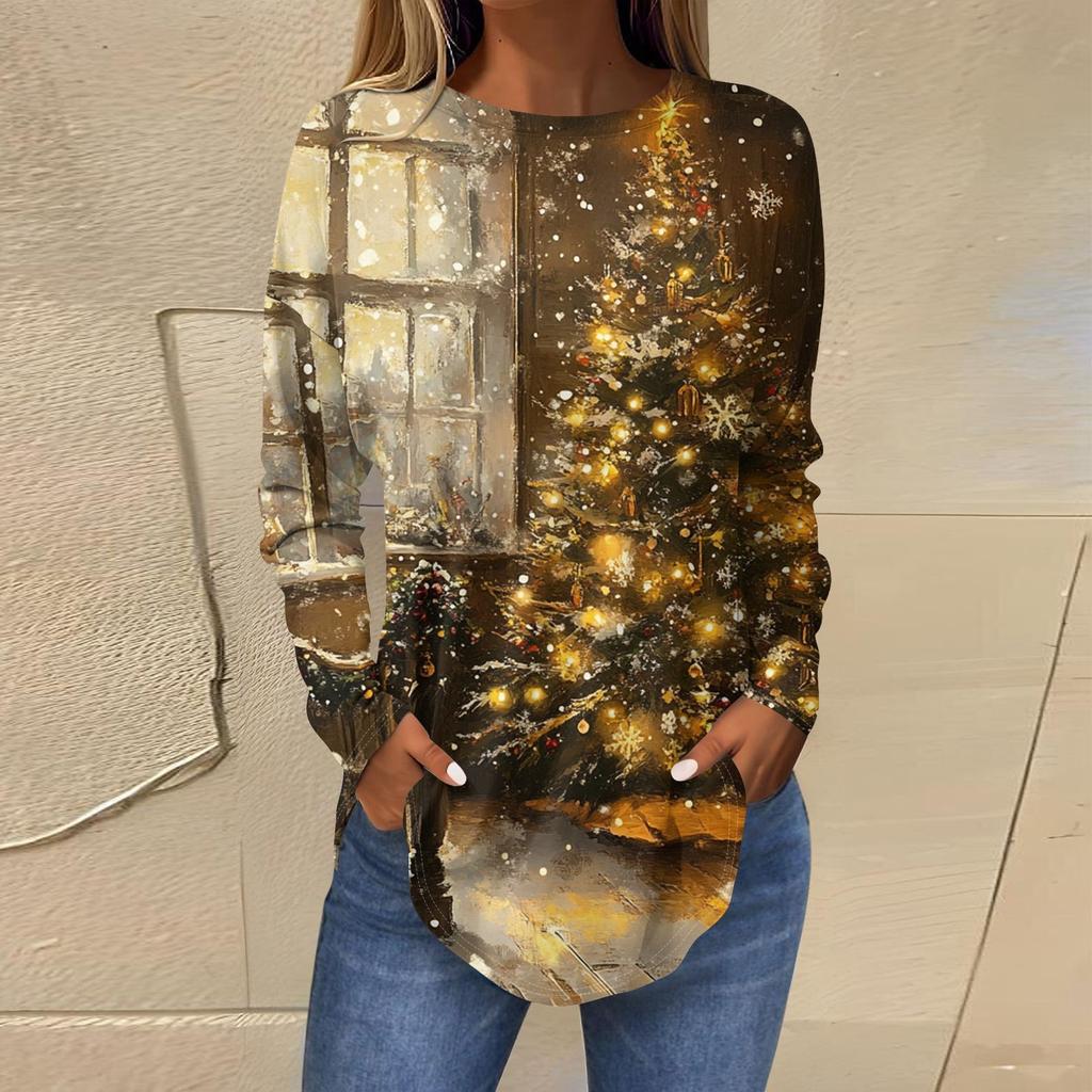 Ladies' Loose Round Neck Retro Pattern Printed Long Sleeved T-shirt Top Pullover For Christmas