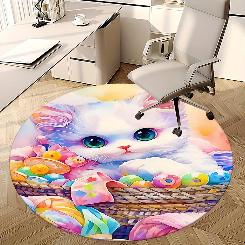 1pc Anime Design Round Carpet Cute Cat with Easter Eggs Chair Mat, Non Slip Rug for Office & Home Decor