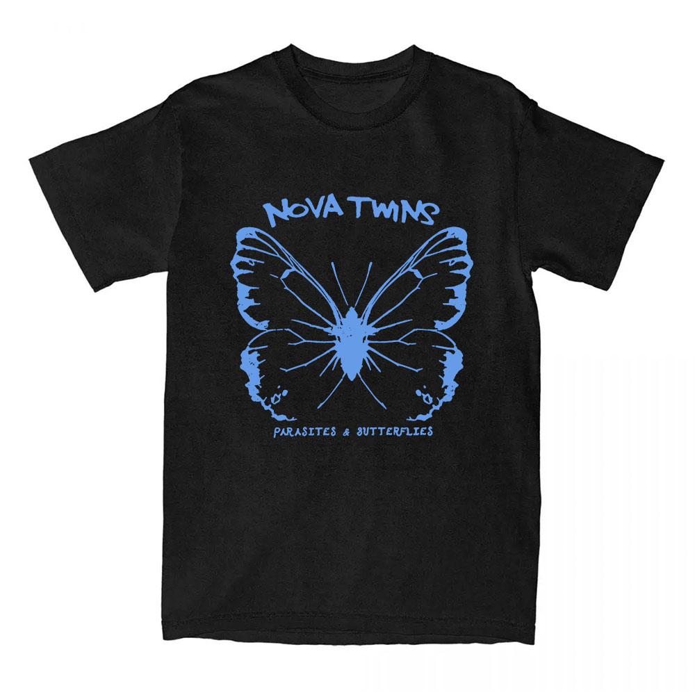 P&B ЧЕРНАЯ Футболка с эффектом стирки (BLACK STONE WASH) с принтом Nova Twins Модная футболка с коротким рукавом Хлопковые футболки Повседневная футболка с круглым вырезом Свободная футболка