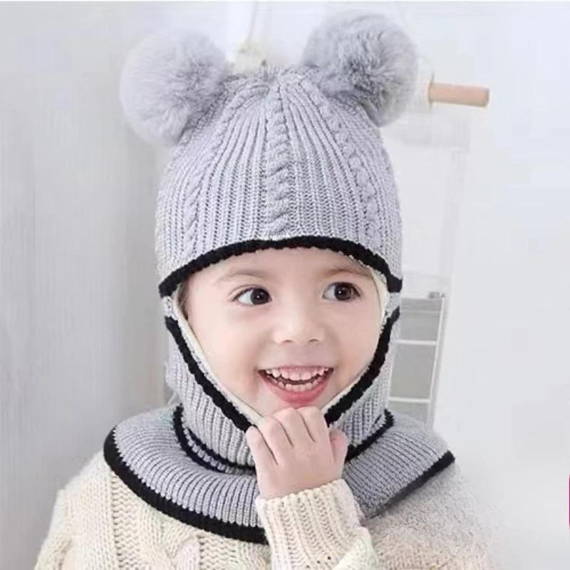 Детская зимняя шапка с помпоном, детские вязаные шапки, шапка для маленьких девочек и мальчиков с теплой флисовой подкладкой, шапки для детей