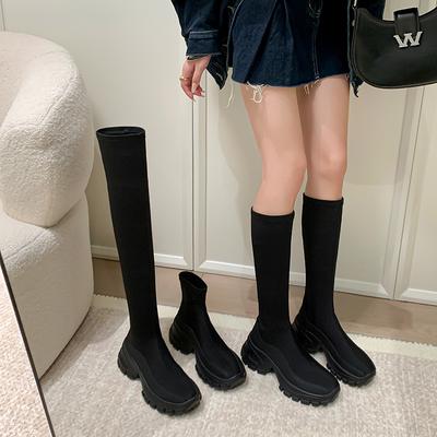 2025 осень новые на толстой подошве с высокой эластичной тонкой голенище женские ботинки челси маленькие черные короткие ботинки носки