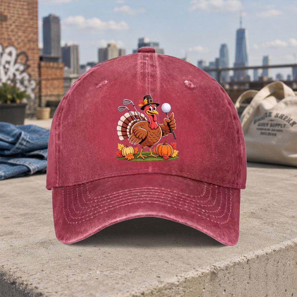 Thanksgiving Turkey Golf Vintage Washed Baseball Cap Unisex Dad Hat Casual Holiday Gift