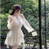 French White A-Line Dress for Women - 2024 Autumn, Waist-Cinching Short Skirt with Hollowed Edge Design