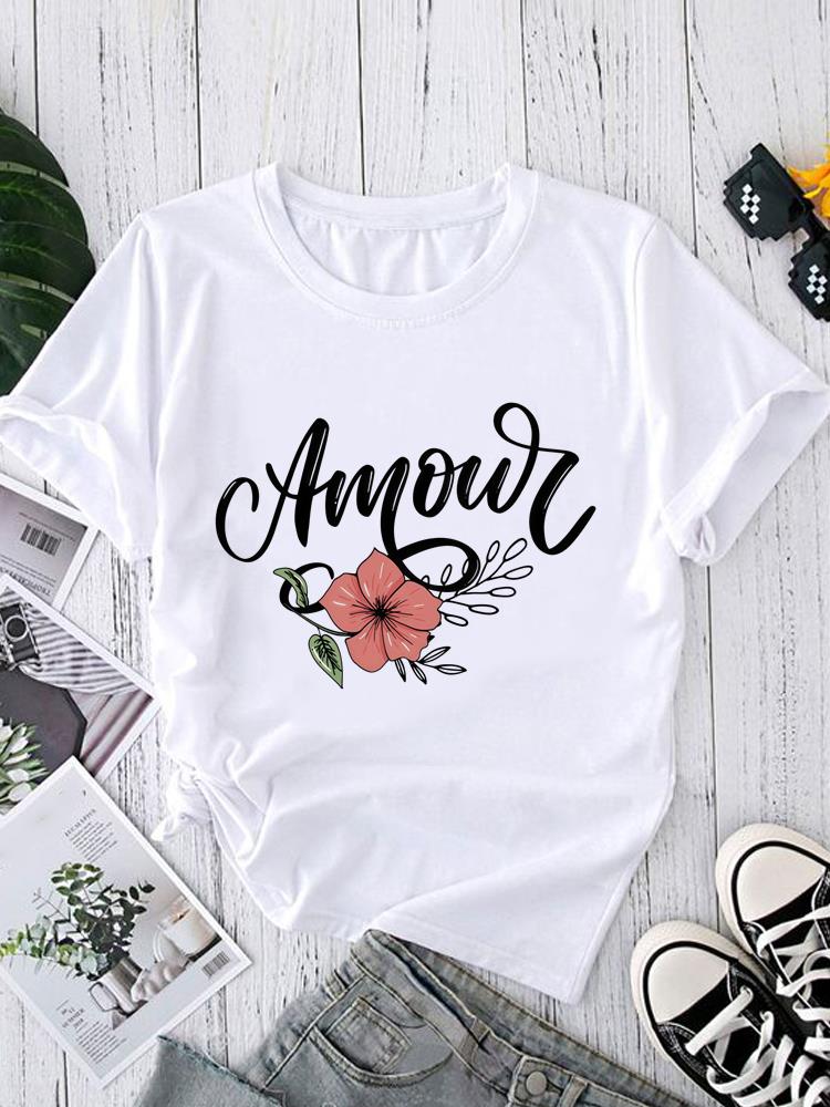 (Азиатский размер) letter flower trend 90-х Футболки с коротким рукавом Женский топ Принт Круглый вырез Модный Женский Повседневный Футболка Одежда Графическая футболка