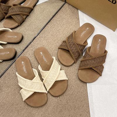 Лето 2025 новые шлепанцы на плоской подошве женские перекрещенные на пальцах однословные тканевые повседневные сандалии на мягкой подошве