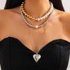 Ins Wind Stacked Beaded Heart Pendant Necklace Female, Sweet and Cool Asymmetrical Imitation Pearl Jewelry