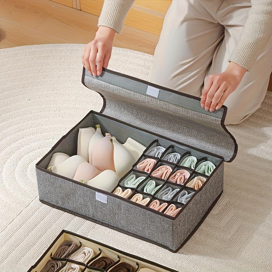 2-in-1 Foldable Fabric Storage Box with Lid, 13/17 Compartments, Beige/Grey Drawer Organizer for Bras, Socks, Ties, Space-Saving Closet Organizer