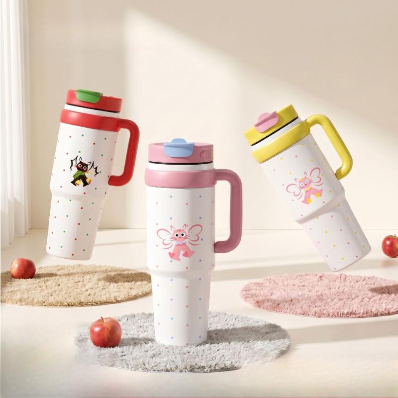1000ml Ceramic Lined Tumbler with Handle, Large Capacity Vacuum Insulated Coffee Mug,Cartoon Pattern Leakproof Travel Water Cup for Car Office Outdoor
