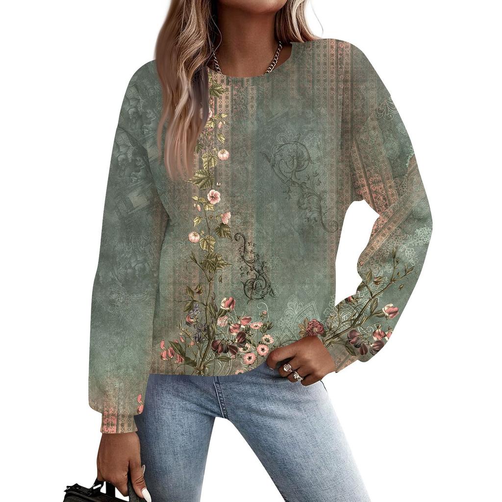 Женская осенне-зимняя повседневная толстовка с круглым вырезом и длинным рукавом с принтом