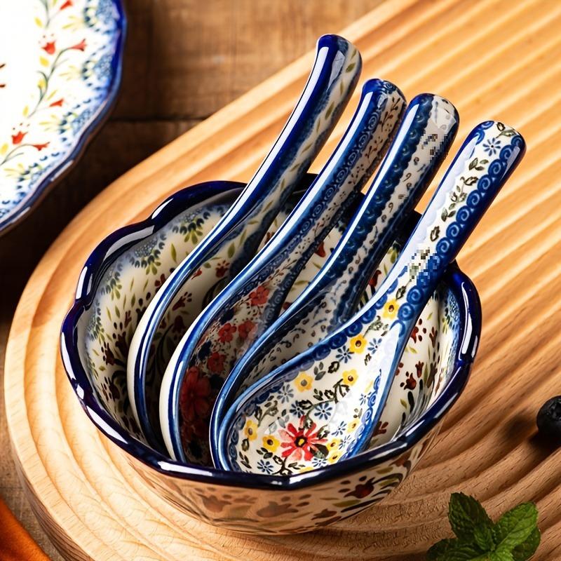 4-Piece Polish Ceramic Dessert Spoons Set Hand-Painted Floral Design Multipurpose Soup Spoons for Home Use4
