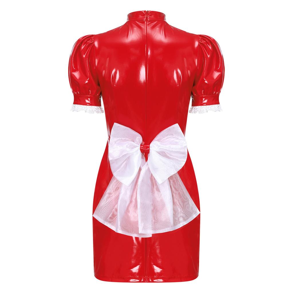 Женский костюм горничной для косплея S-XXL - Облегающее платье из глянцевой ПУ с кружевной отделкой и вырезами, со съемным бантом для Хэллоуина