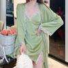 Sexy Lace Bathrobe Gown Nightdress Lingerie Summer New Female Nighty&Robe Set Nightgown Silky Satin Home Clothes Loungewear