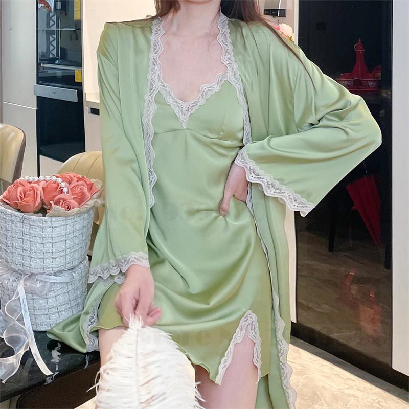 Sexy Lace Bathrobe Gown Nightdress Lingerie Summer New Female Nighty&Robe Set Nightgown Silky Satin Home Clothes Loungewear