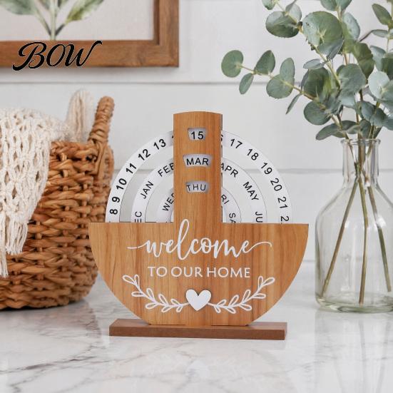 Natural Wood Perpetual Calendar Wooden Calendar, Manual Rotating Desk for Home Office Creative Gift Decor, Date Month Week Display Desktop Ornament