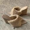 Khaki Fur Wedge Mules Women Elegant Nifty Pointy Open Toe Furry Heeled Slippers Female Trending Party Lovely Outfit Suede Shoes