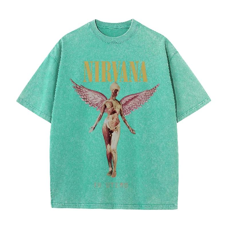 Nirvana Angel In Utero Print Vintage Washed T Shirt Rock Band Casual Topwoman Unisex