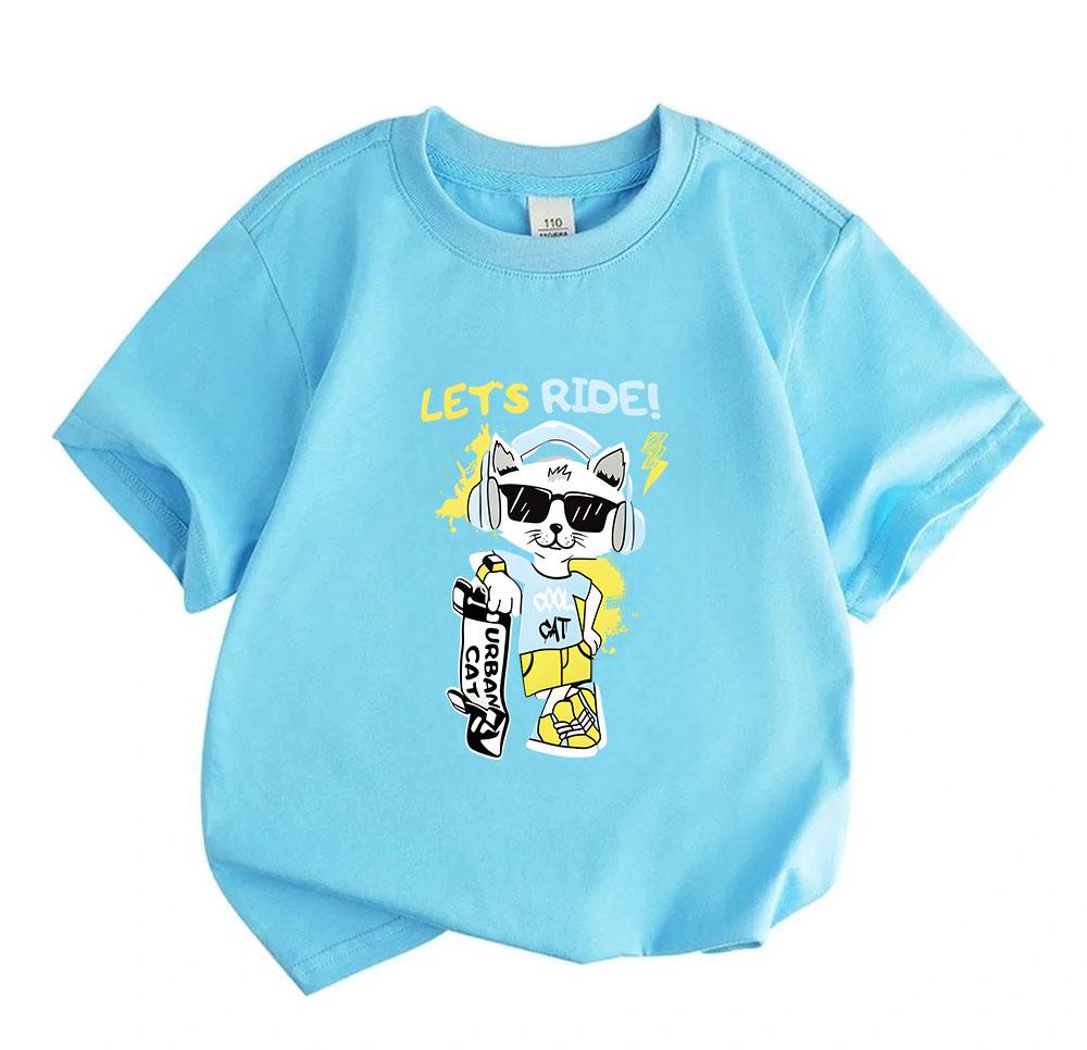 Kids Boys Girls 100% Cotton Crew Neck Short Sleeve T-Shirt, Cool Skateboarding Cat Print Casual Tees, LET'S RIDE Graphic Soft Breathable Summer Tops f
