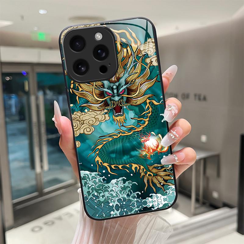 Для iPhone 16 15 Pro Max Plus 16E SE 2025 Закаленное Стекло Чехол для Телефона Крутой Мультяшный Тигр Дракон Защита Камеры Жесткая Задняя Крышка