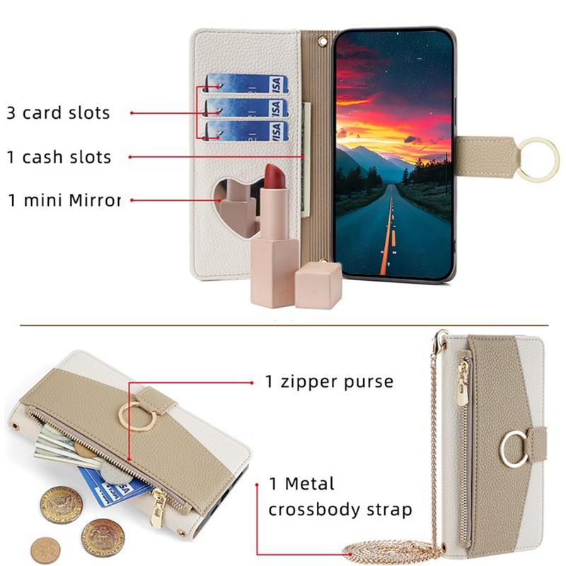 For Samsung Galaxy S24+ Zipper Pocket Phone Cover Crossbody Case with Makeup Mirror