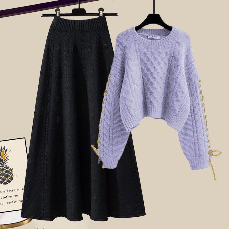 Осень-зима женские юбки костюмы пуловер вязаный свитер трикотажная юбка комплект из двух частей эластичный свитер с круглым вырезом юбка-трапеция наряды