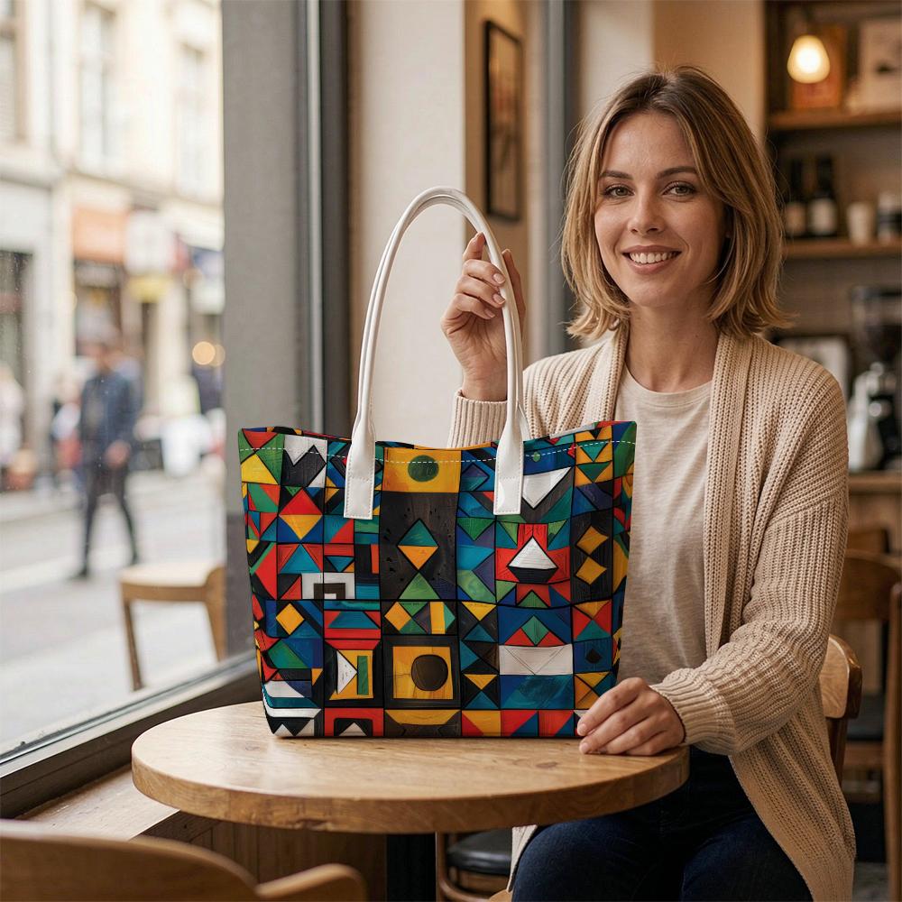 Geometric Print Casual Tote Bag For Daily Commute Stylish Portable Shoulder Bag For Women