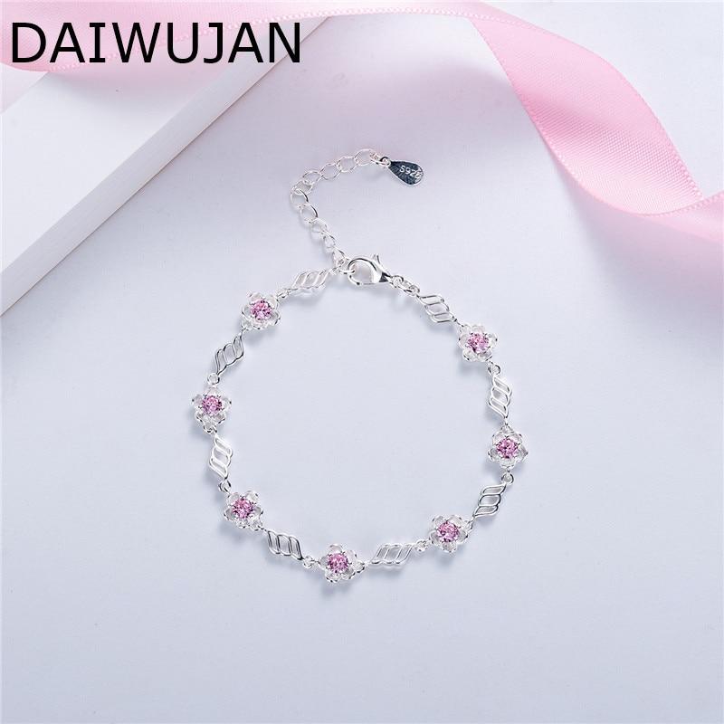Sweet Pink Zircon Sakura Flower Charm Bracelets for Women INS 925 Sterling Silver Bracelet Wedding Party Jewelry