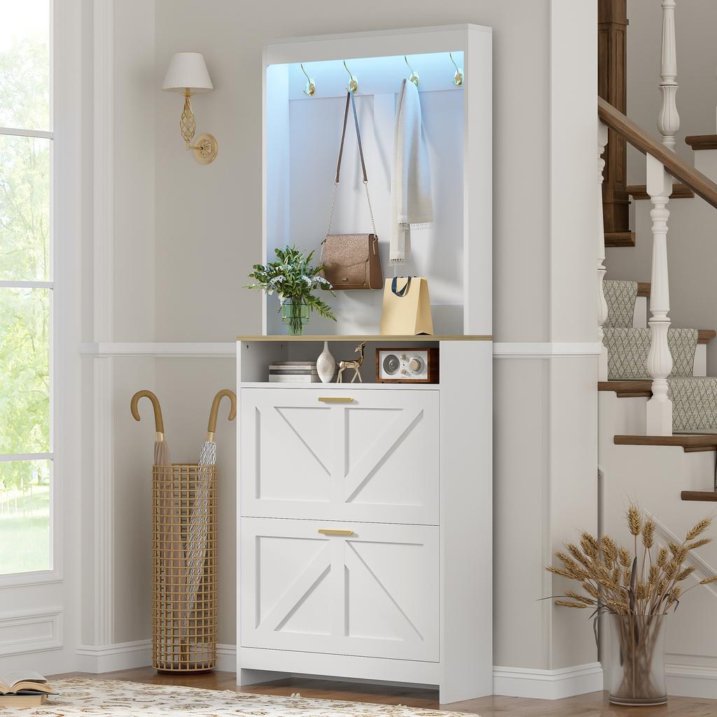 Narrow shoe cabinet with LED lighting & 2 flip-down drawers – farmhouse shoe organizer, with hooks, for hallway, space-saving, white, 70x24x180 cm
