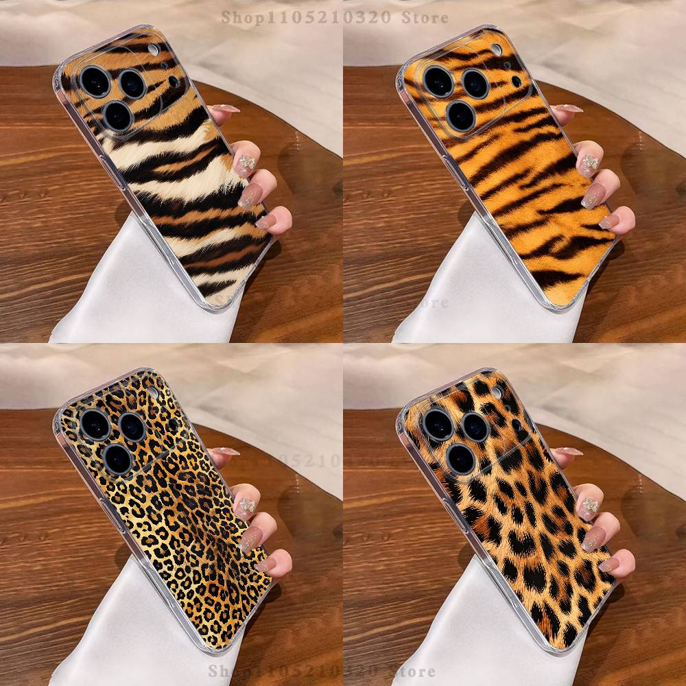 Модный Чехол для Телефона с Принтом Тигра и Леопарда для iPhone17 16 15 14 13 12 11 Pro Max Plus Mini Прозрачный Полностью Защищающий Заднюю Крышку Силиконовый Мягкий Чехол