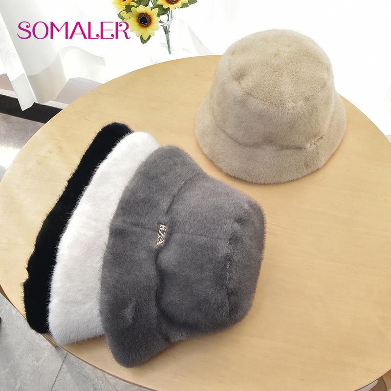 SOMALER Winter Faux Rabbit Fur Knitted Bucket Hats for Women Plain Color Warm Knitted Bucket Hats