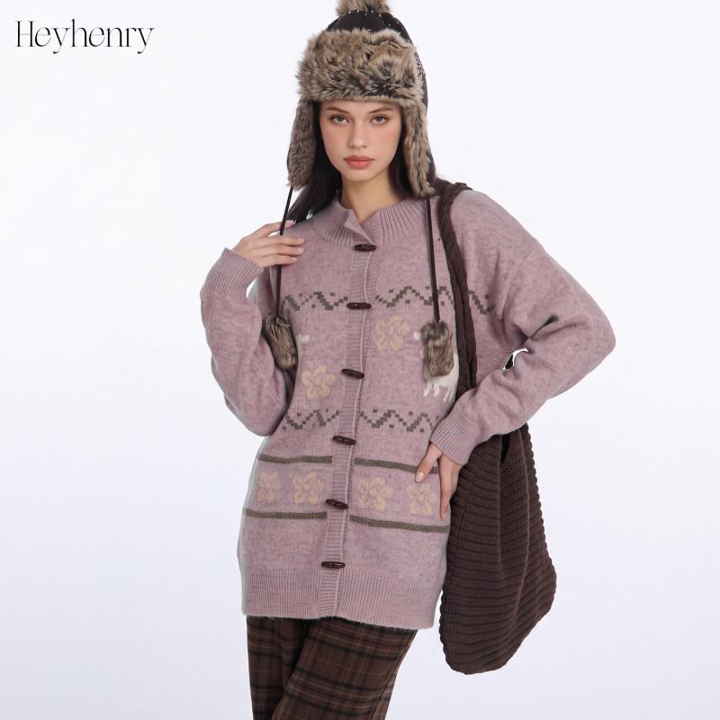 HeyHenry Vintage Sheep Jacquard Cardigan Women Loose Knit Coat Fall Winter Lazy Style Horn Button Sweater
