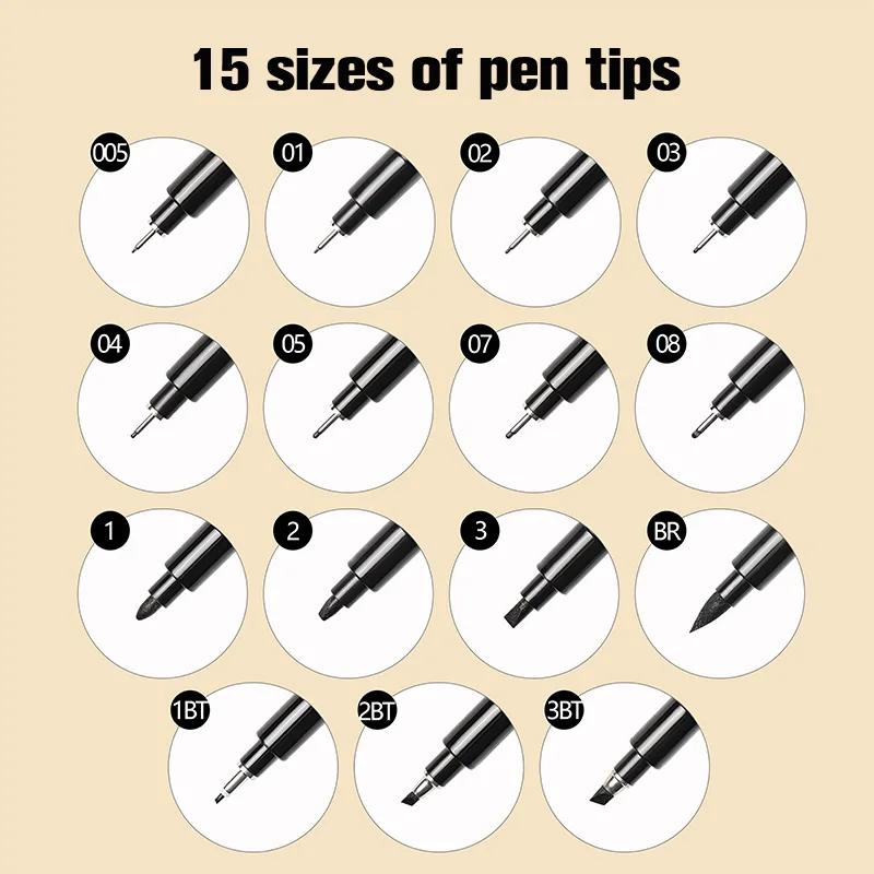 15 шт./набор Ручная надпись Неедл Рисование Ручка Пигмент Лайнер Микрон Ручка 005 01 02 03 04 05 Кисть Файнлайнер Эскиз Арт Маркеры